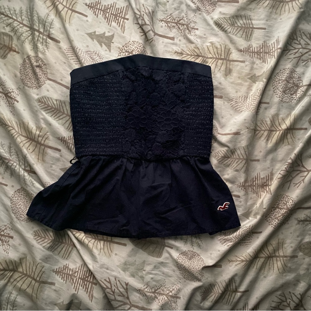 Hollister Navy Lace Smocked Peplum Strapless Top